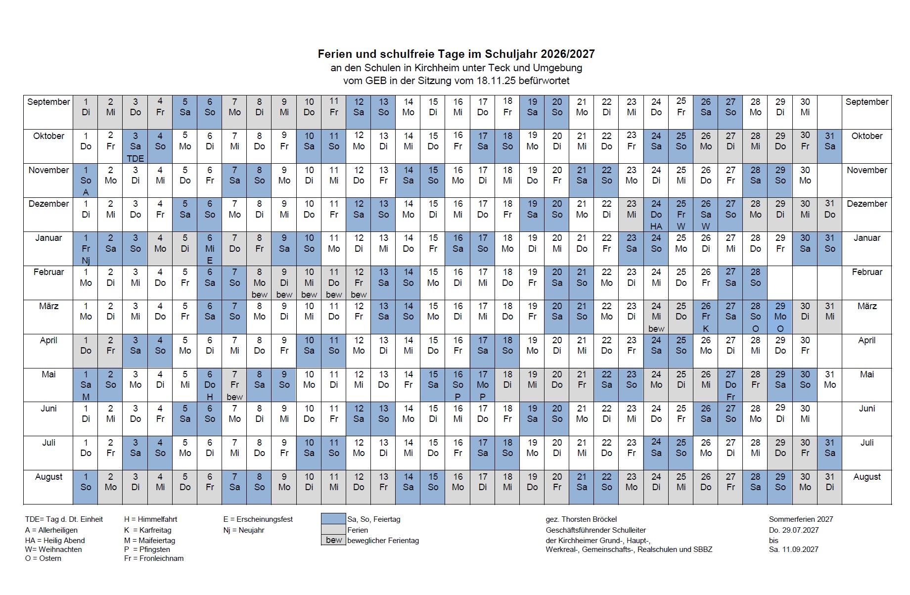 Ferienplan für das Schuljahr 2026/2027 Bild