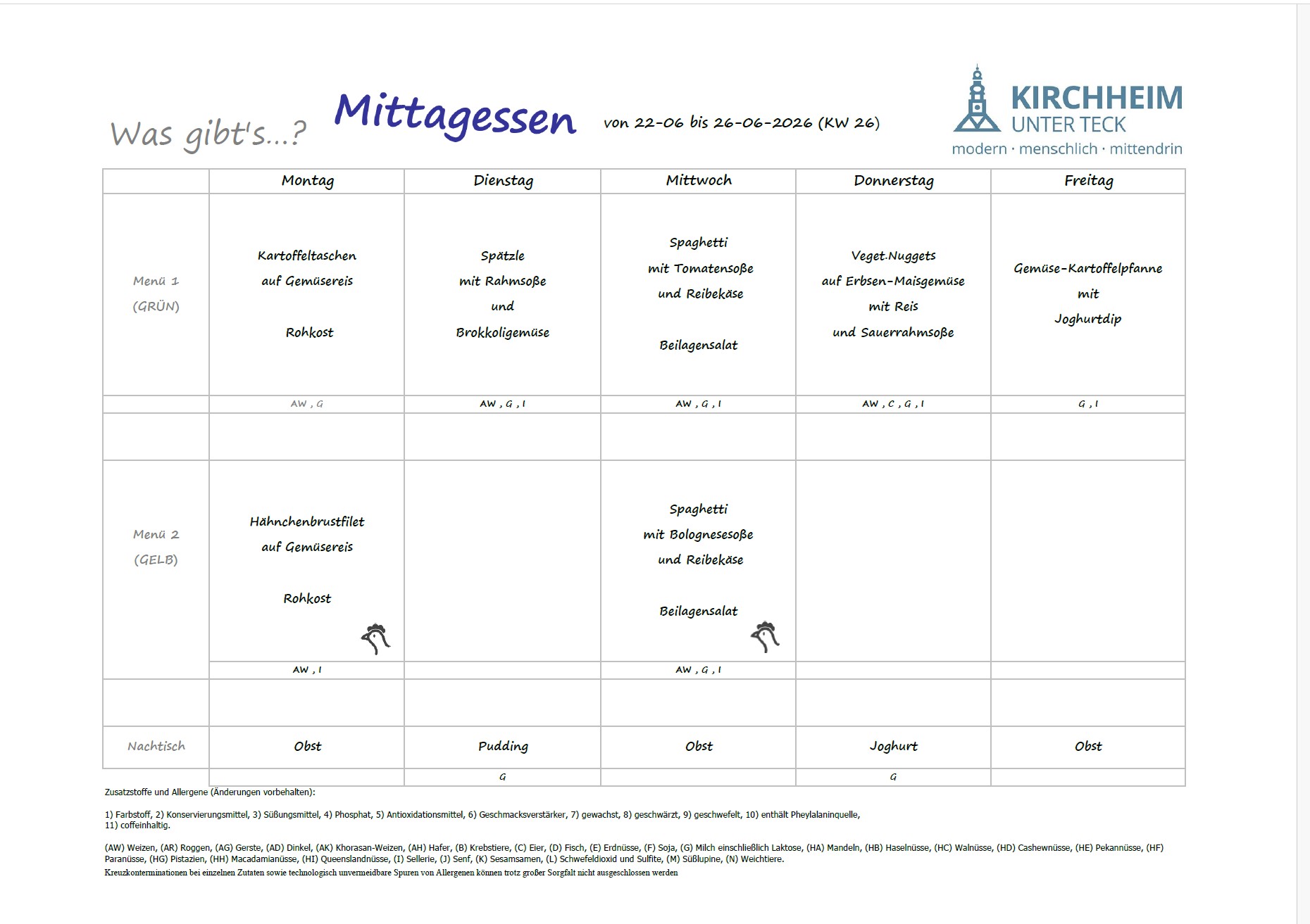 Speiseplan Mensa 22.06.2026 - 25.06.2026 Bild