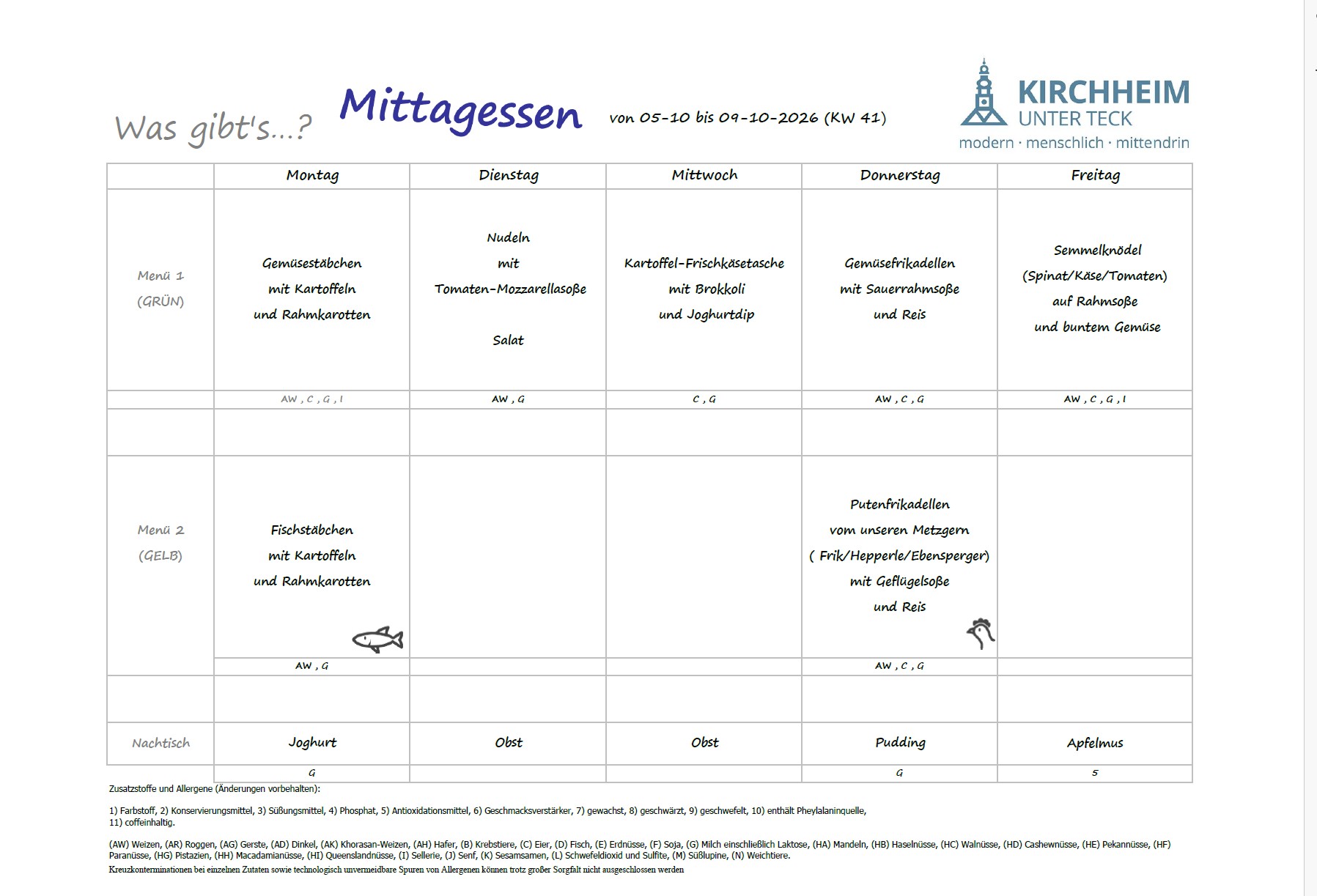 Speiseplan Mensa 05.10. - 08.10.2026 Bild